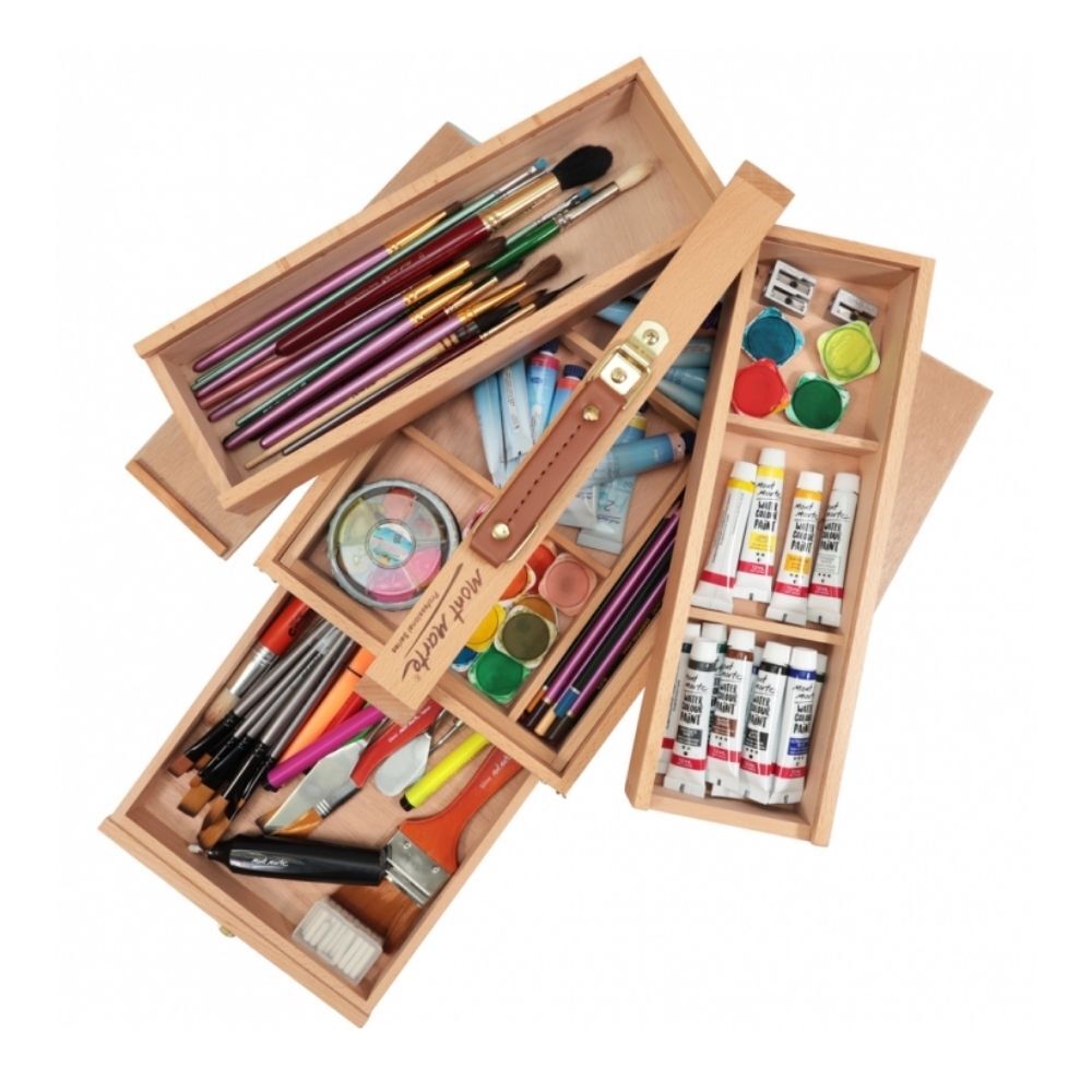 Mont Marte Multi-Purpose Wooden Art Box. 3 Layers of Storage for Organizing  Art Supplies. Features a Leather Carry Handle for Easy Transport -  Stationery World