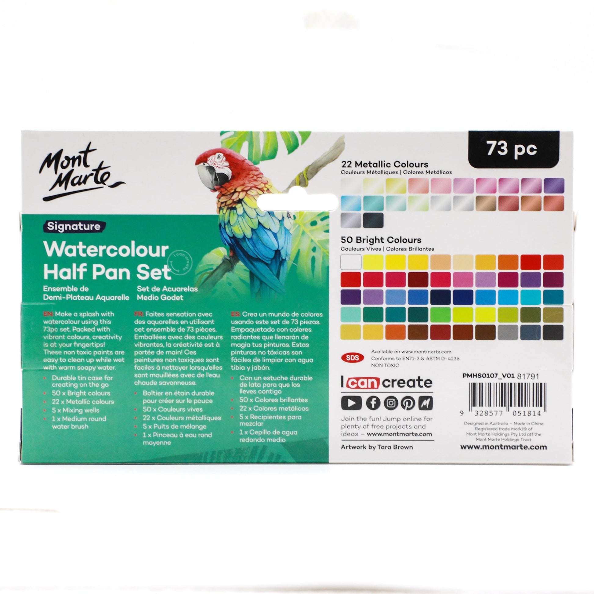 Mont Marte Watercolour Half Pan Set 73pc in Tin