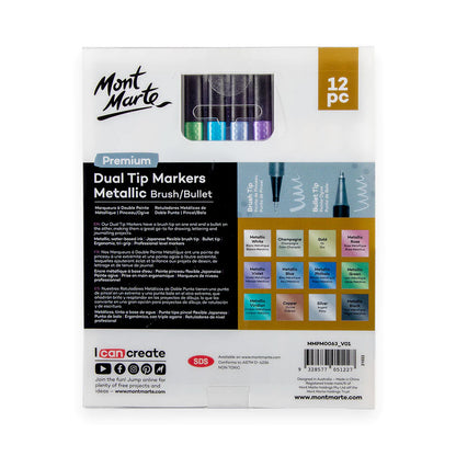 Mont Marte Dual Tip Markers Brush/Bullet Metallic 12pc