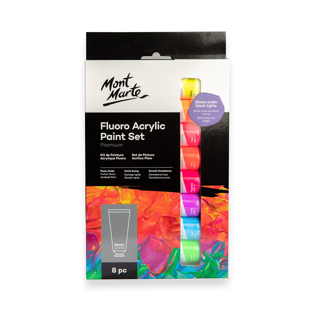 Mont Marte Fluoro Acrylic Paint Set 8pc x 36ml