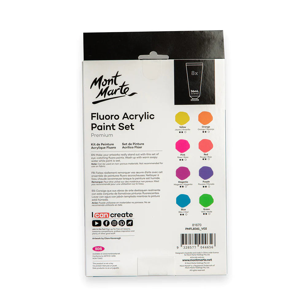 Mont Marte Fluoro Acrylic Paint Set 8pc x 36ml