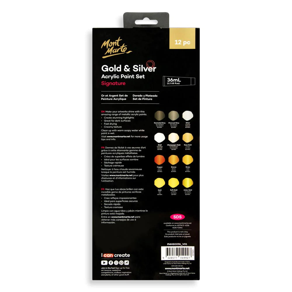 Mont Marte Gold and Silver Acrylic Paint Set 12pc x 36ml