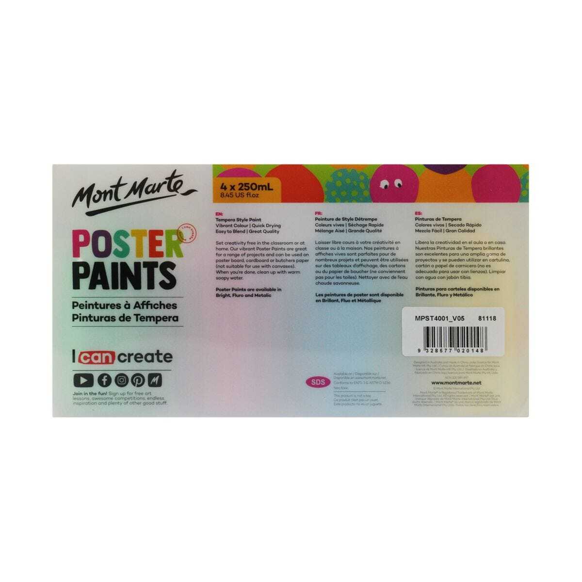 Mont Marte Kids Poster Paint 250ml 4pce - Bright