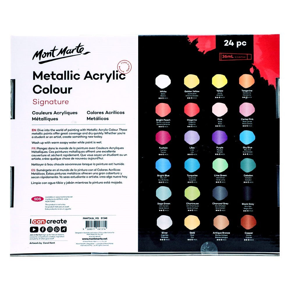 Mont Marte Metallic Acrylic Colour Paint Set 24pc x 36ml