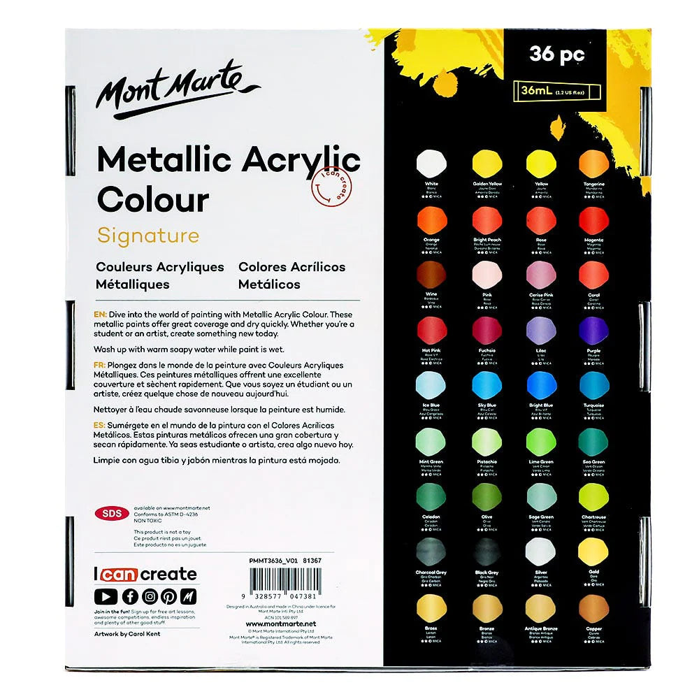 Mont Marte Metallic Acrylic Colour Paint Set 36pc x 36ml