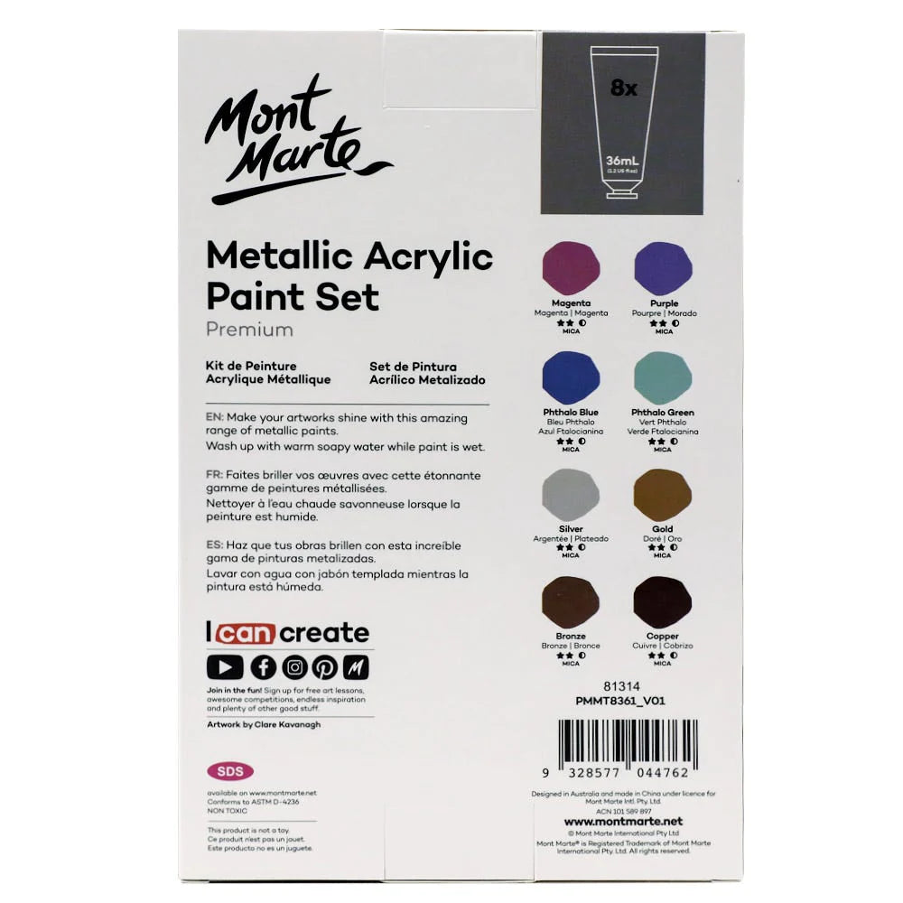 Mont Marte Metallic Acrylic Paint Set 8pc x 36ml