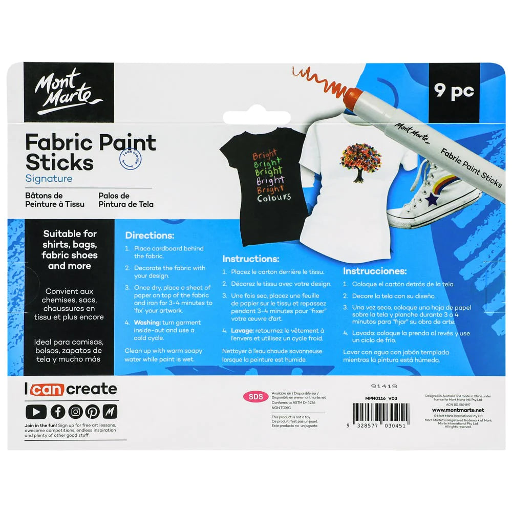 Mont Marte Solid Fabric Paint Sticks 9pce