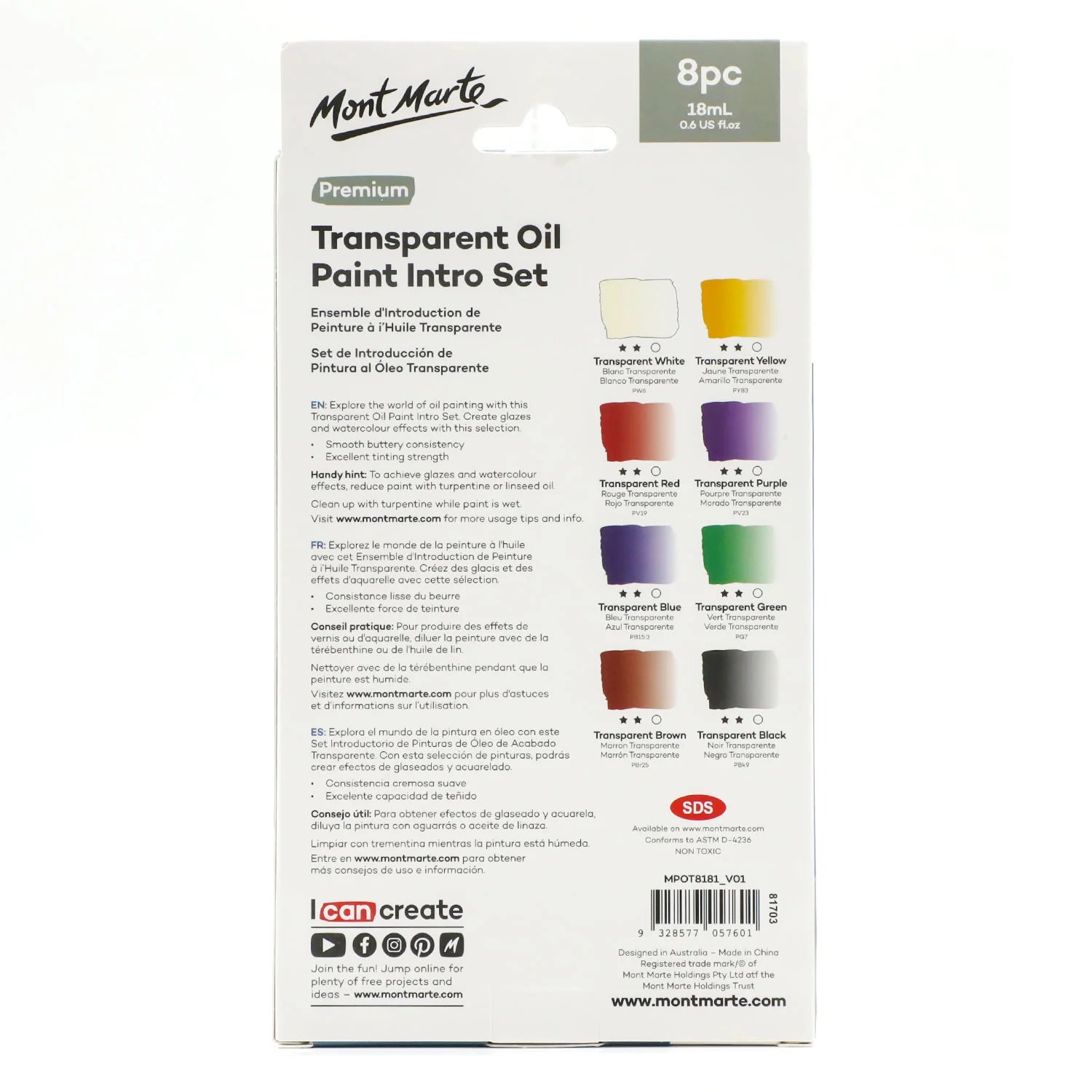 Mont Marte Transparent Oil Paint Intro Set 8pc x 18ml