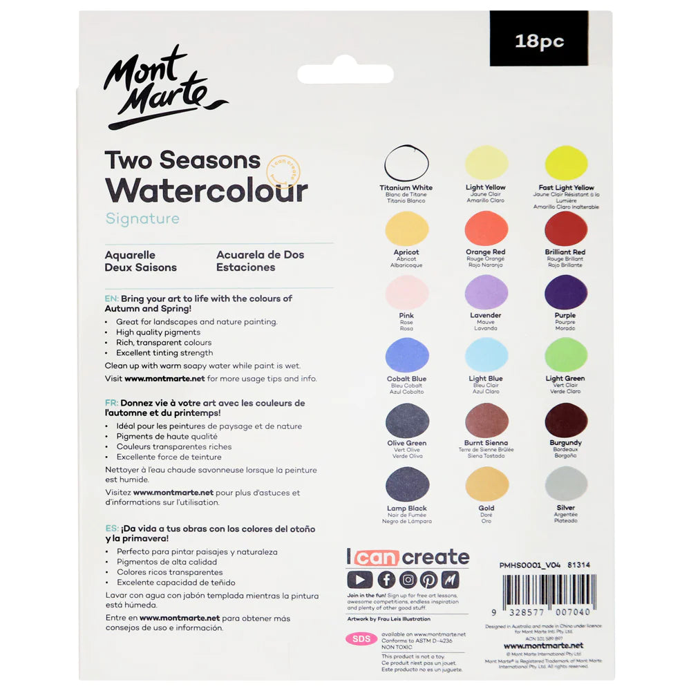 Mont Marte Two Seasons Watercolours 12ml x 18pce