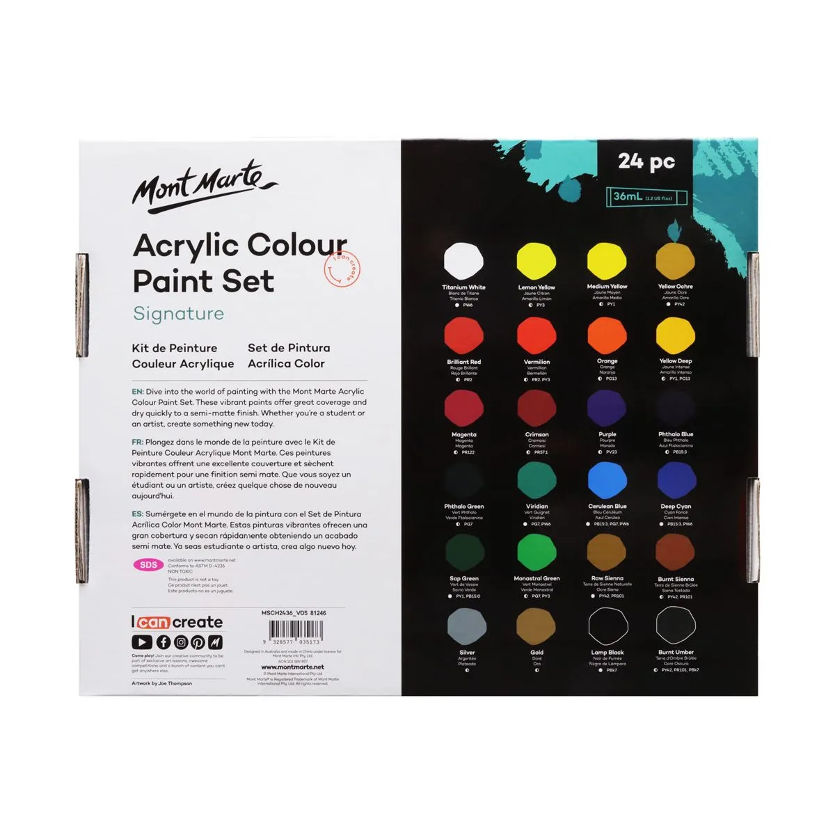 Mont Marte Acrylic Colour Paint Set 24pc x 36ml