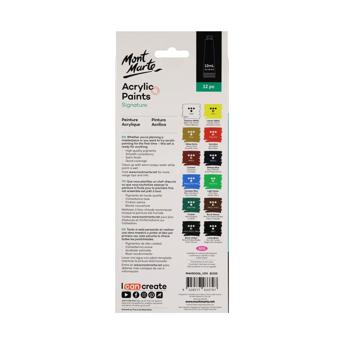 Mont Marte Acrylic Paints 12pce x 12ml