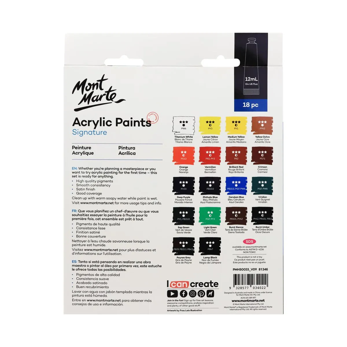 Mont Marte Acrylic Paints 18pce x 12ml