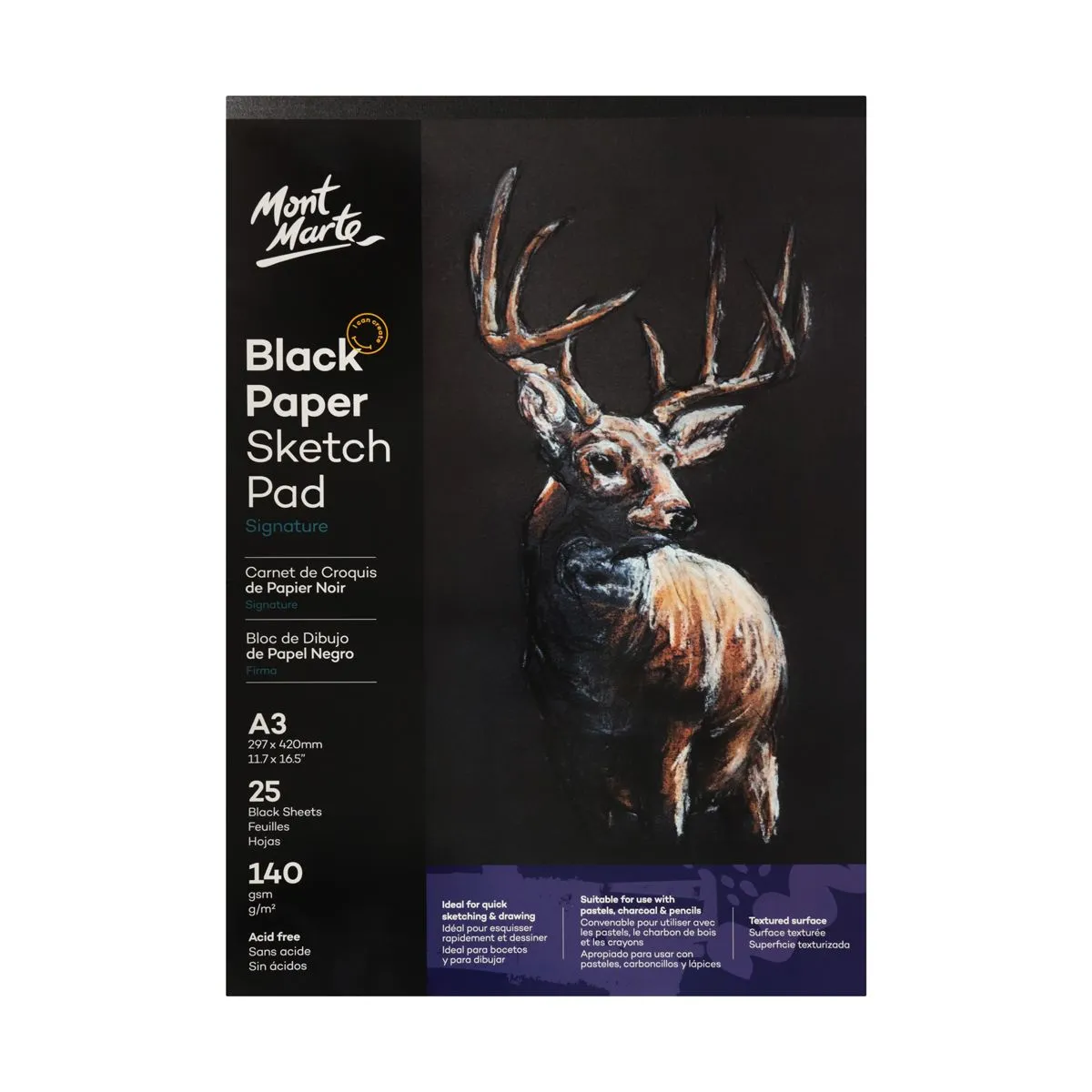 Mont Marte Black Paper Sketch Pad 25 sheet 140gsm A3