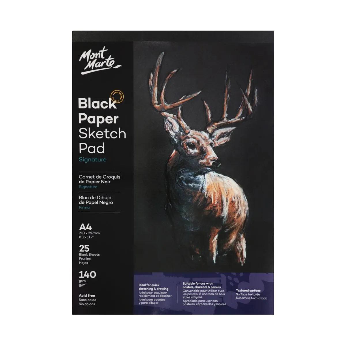 Mont Marte Black Paper Sketch Pad 25 sheet 140gsm A4