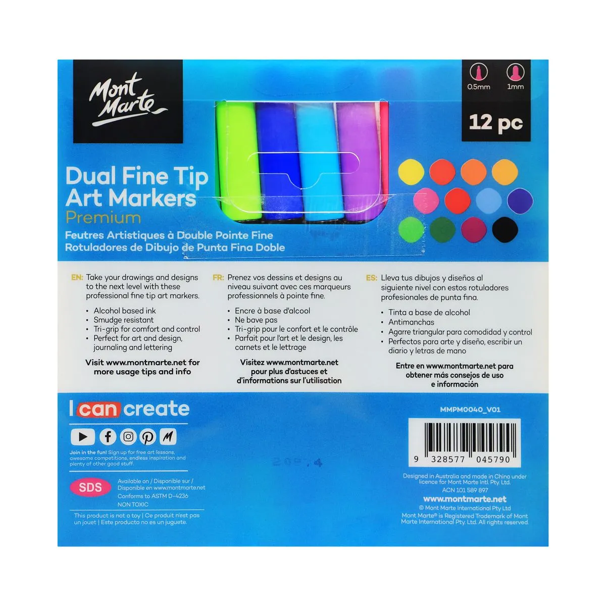 Mont Marte Dual Fine Tip Alcohol Art Markers 12pc