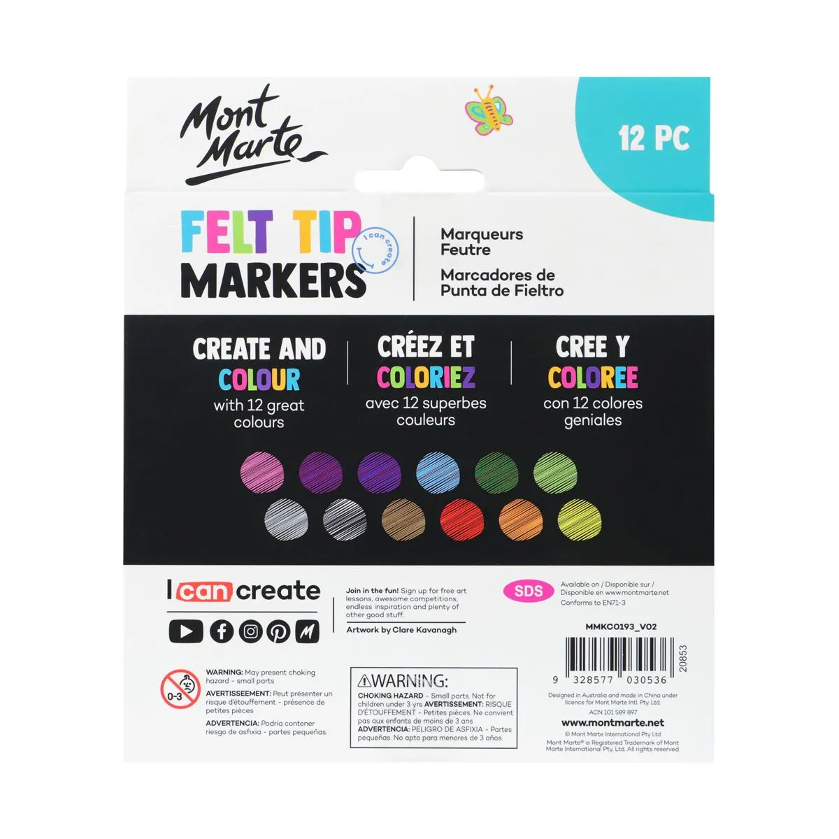 Mont Marte Kids Felt Tip Markers 12pce - Basics