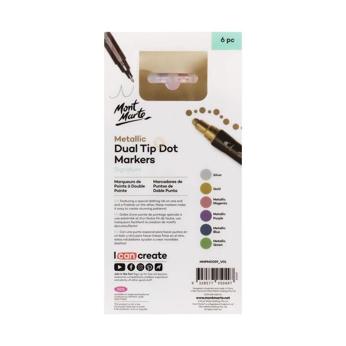 Mont Marte Metallic Dot Markers Dual Tip 6pc