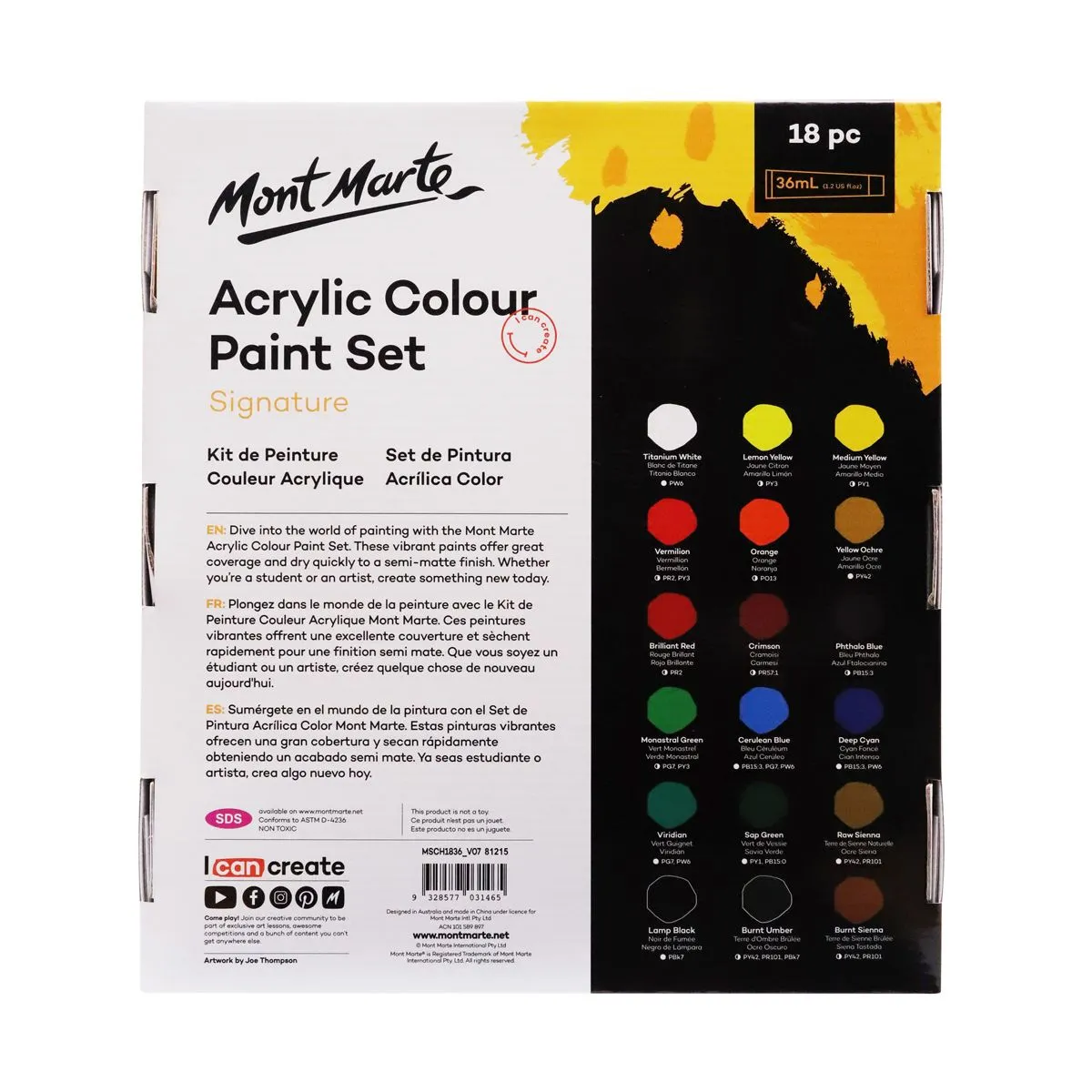 Mont Marte Studio Acrylic Paint Set 18pce x 36ml