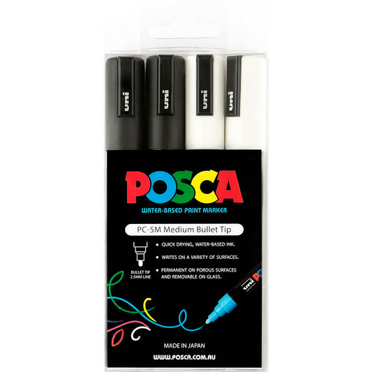 Posca 5M Medium Bullet - Pack of 4 Black White