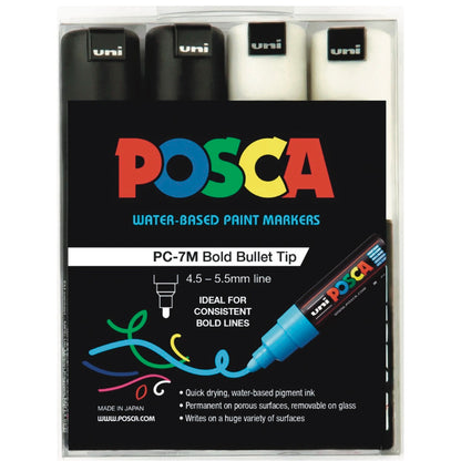 Posca 7M Bold Bullet Tip Black and White Pack of 4