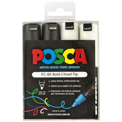 Posca 8K Bold Chisel - Pack of 4 Black White